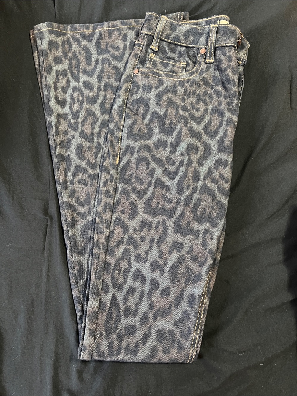 Leopard print flare legs denim. Dark wash. By Rock and Roll Denim